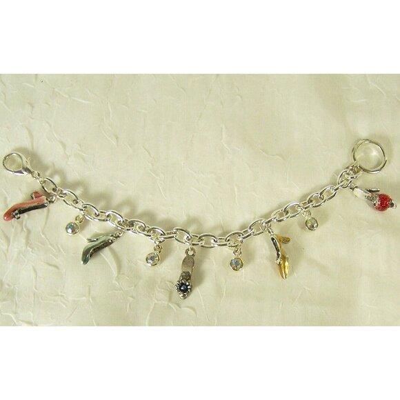 Charm Bracelet Shoe Charms High Heels Rhinestones Silver Tone 8" - Picture 4 of 4